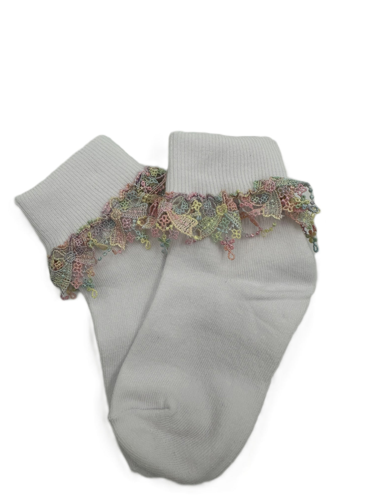 White baby cotton socks with pale rainbow lace trim.