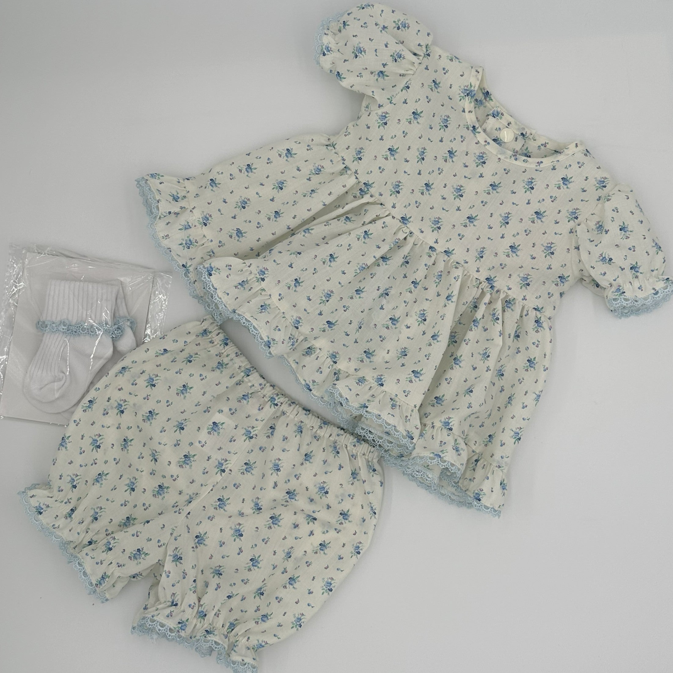 Blue Rose Willow vintage angel top and knickers set for baby girl
