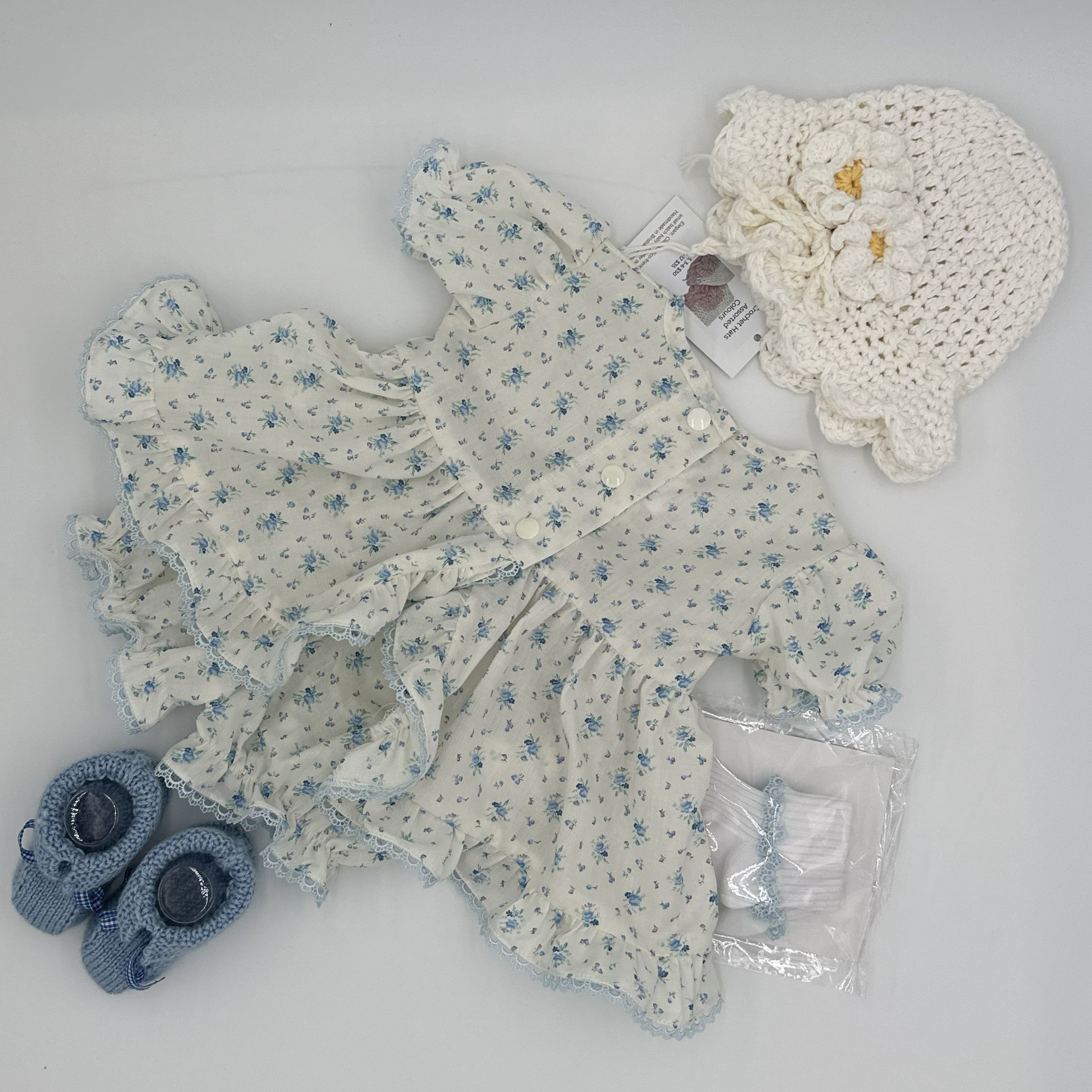Blue Rose floral Willow angel top and knickers set with white crochet bonnet and blue booties