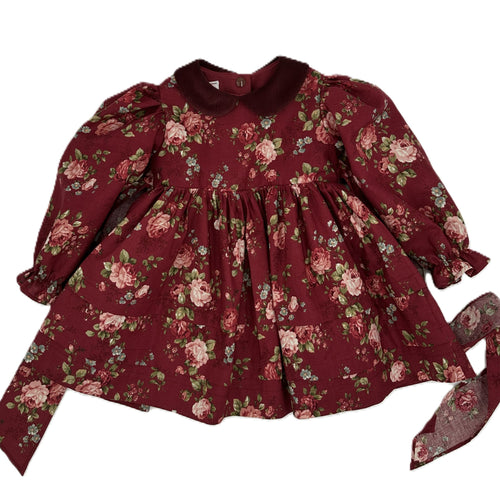 Alice Winter Princess Dress in burgundy floral with corduroy collar and back bow, front flat lay