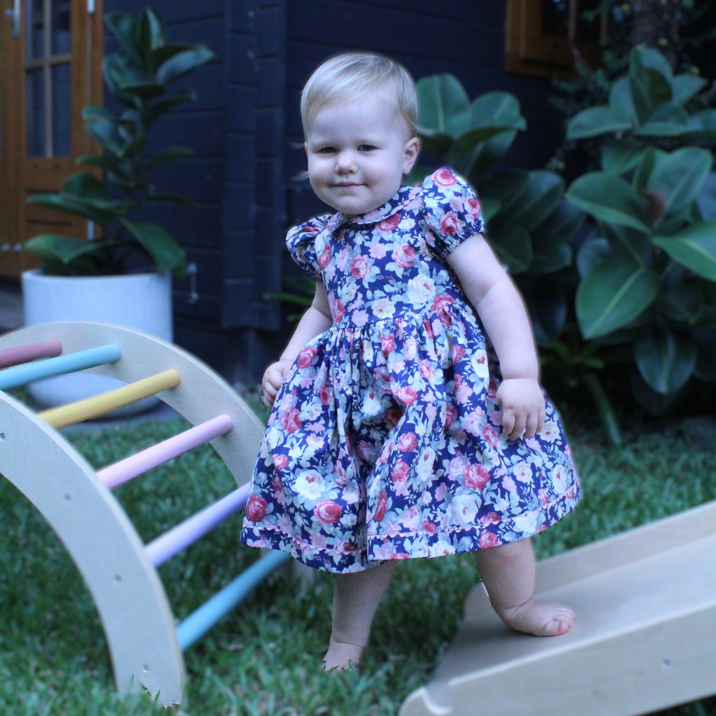 1950s Inspired Girls Dress in Navy Floral Print - Charlotte