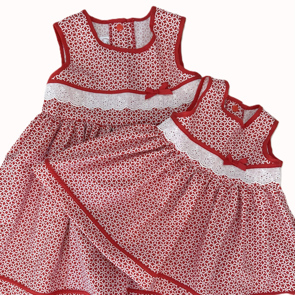 Girls Sleeveless Dress in Red and White Print - Clara