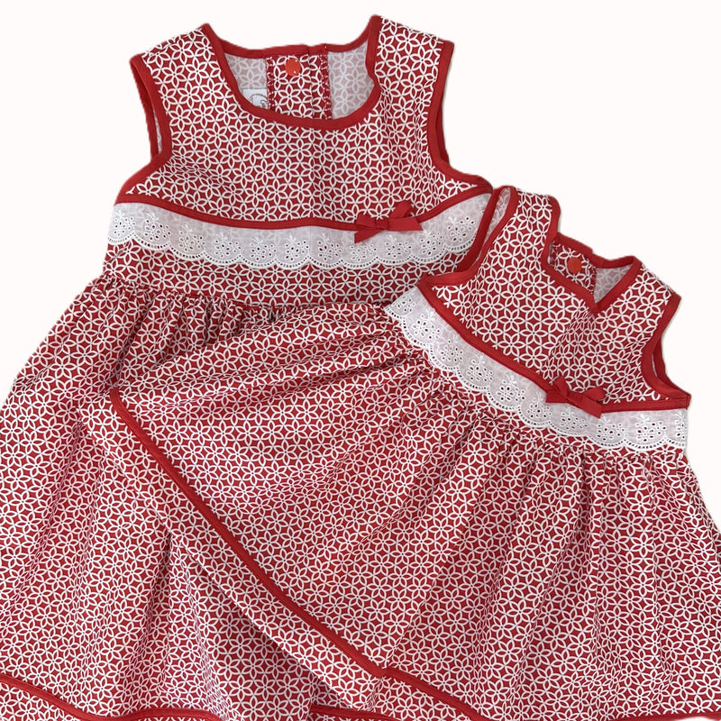 Girls Sleeveless Dress in Red and White Print - Clara