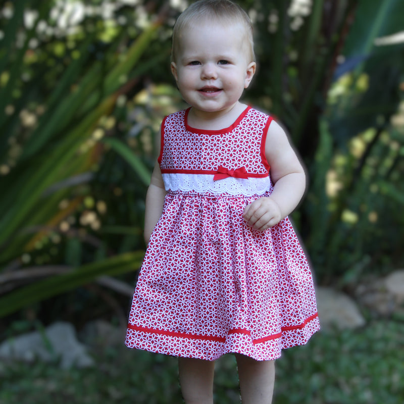 Girls Sleeveless Dress in Red and White Print - Clara