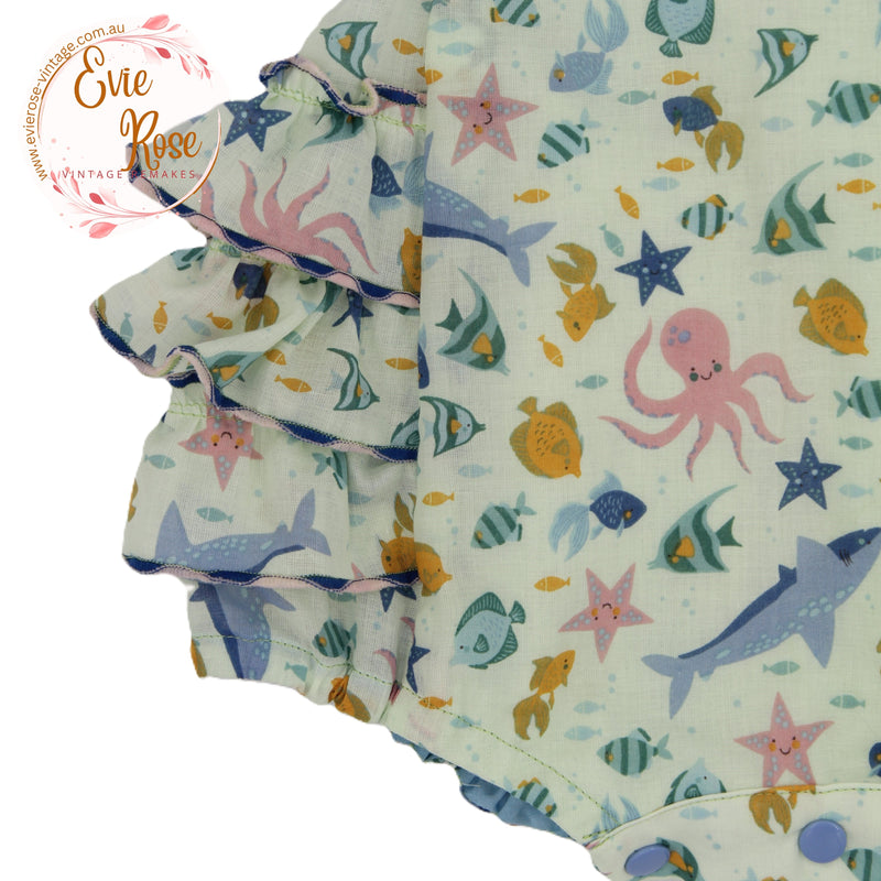 1950s Style Frilly Bottom Romper in Sea Life Print - Florence