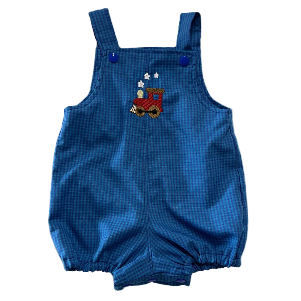 Blue check romper with a train design 