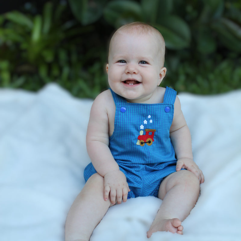 Romper in Small Blue Check with Train Embroidery - Henry