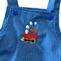Blue check overalls with a red train embroidery