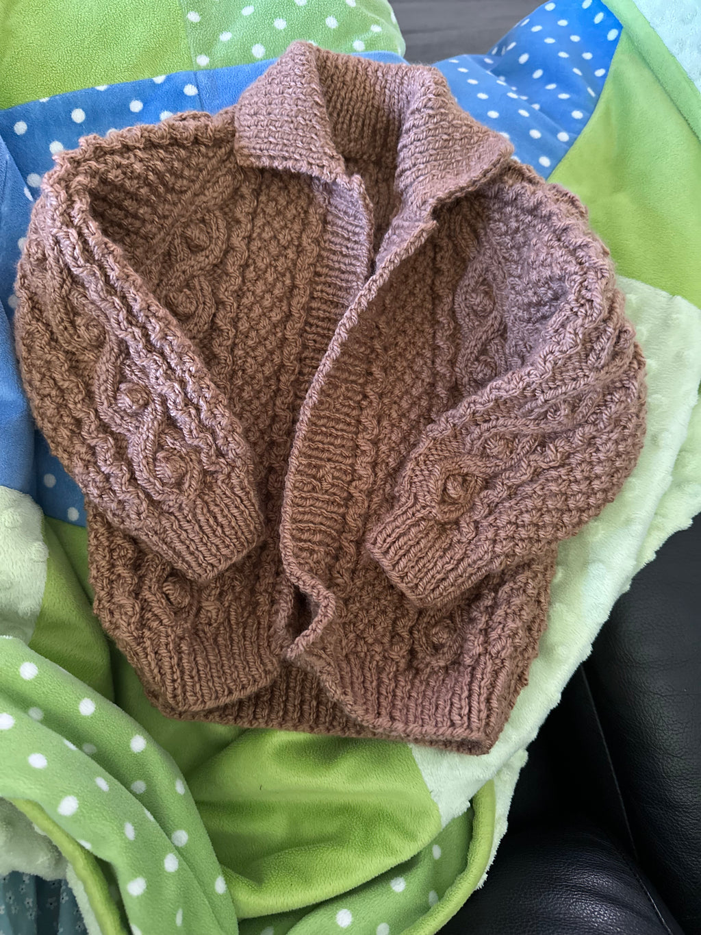 Hand Knitted Aran cardigan with collar
