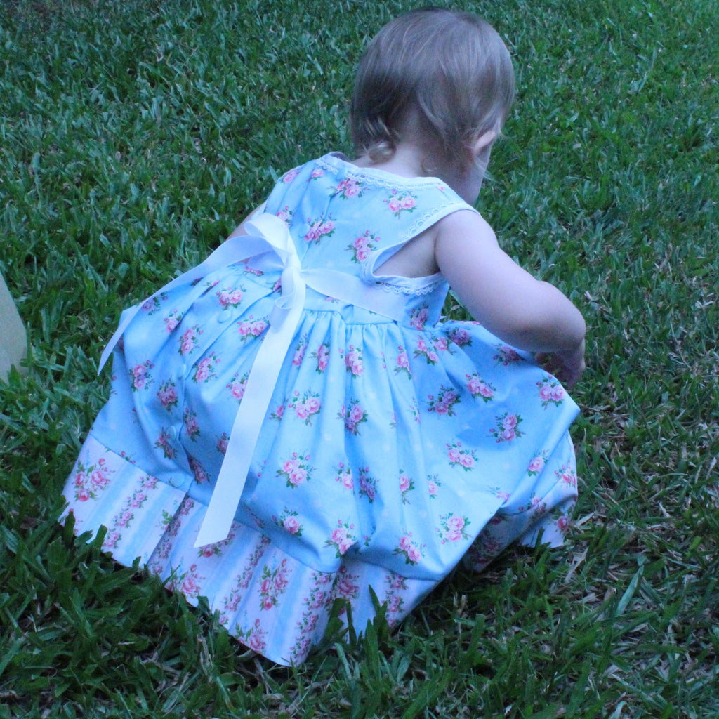 Girls Dress Blue Floral Print with Border - Isabella