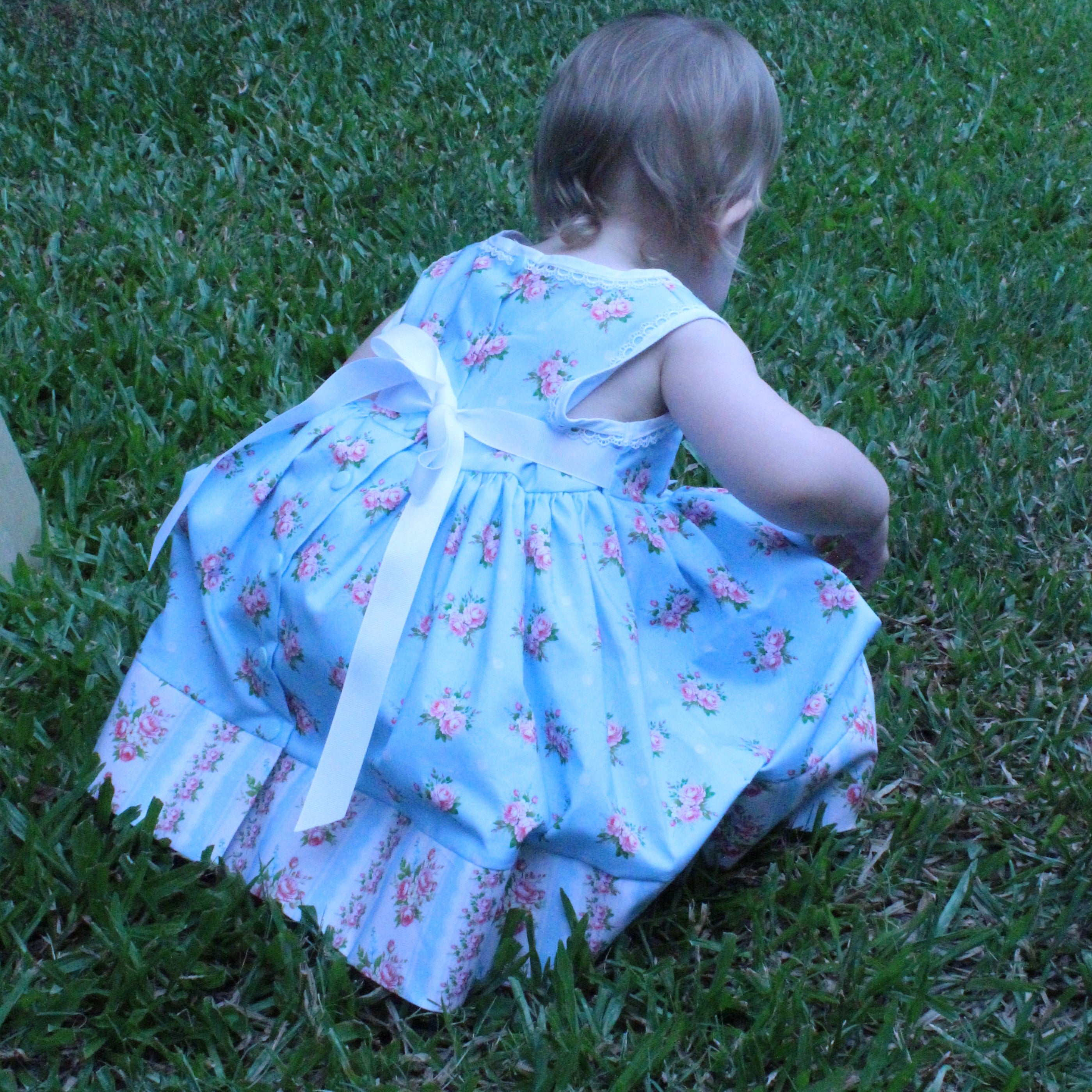 Girls Dress Blue Floral Print with Border - Isabella
