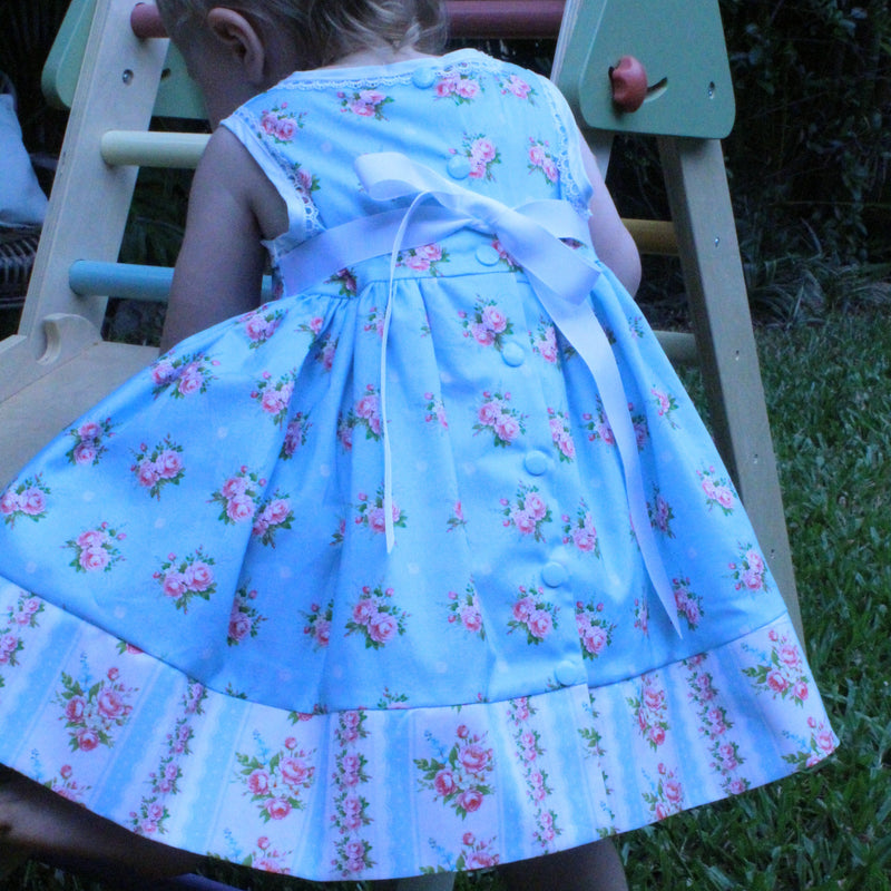 Girls Dress Blue Floral Print with Border - Isabella