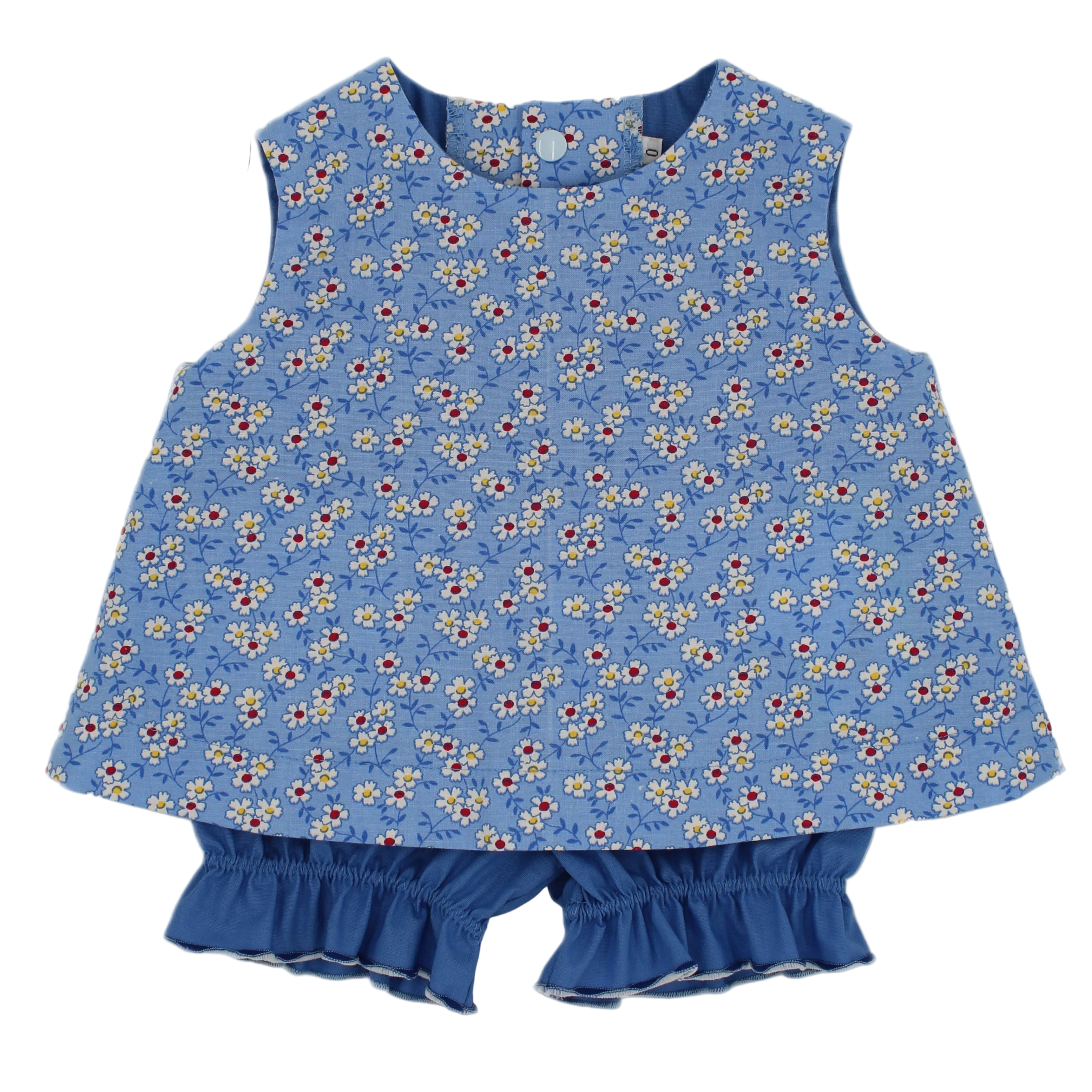 Blue floral dress with ruffled shorts on a white background, branded 'Evie Rose'.