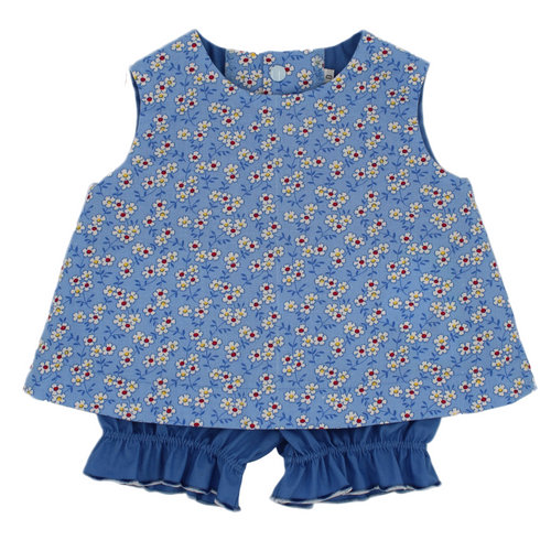 Blue floral dress with ruffled shorts on a white background, branded 'Evie Rose'.