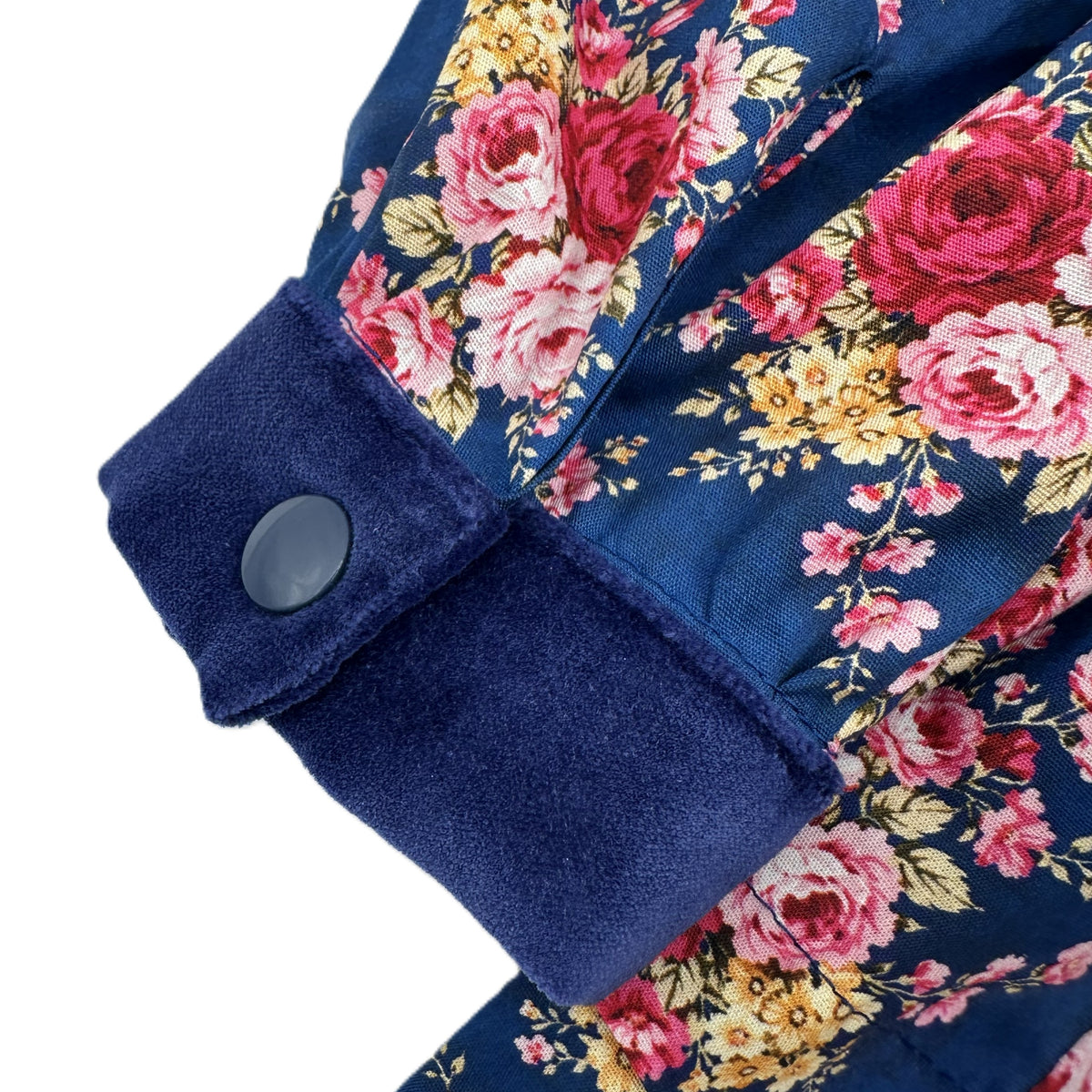 Alice Winter Princess Dress in French navy floral, cuff detail