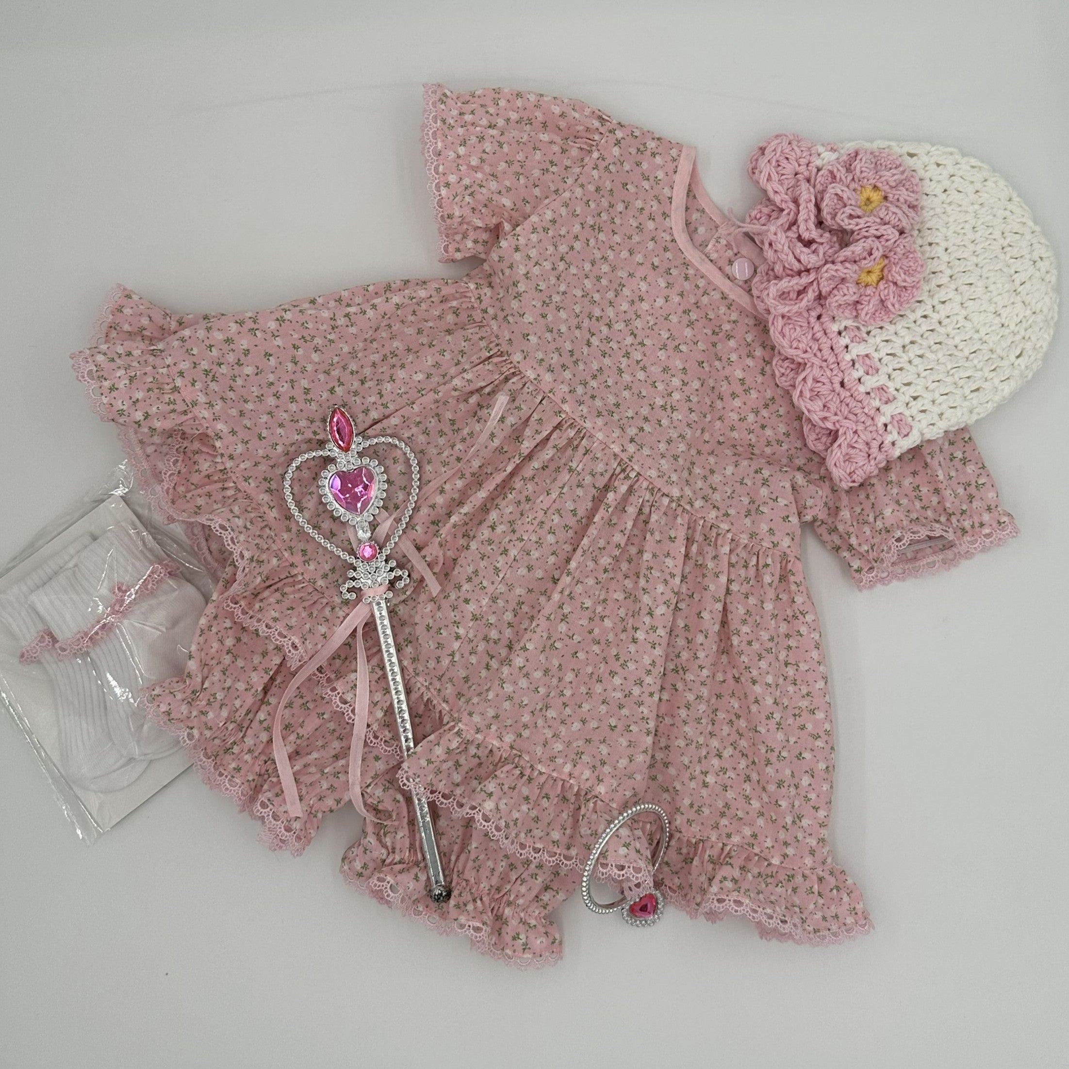 Pink ditsy floral Willow angel top and knickers set with crochet bonnet and princess accessories