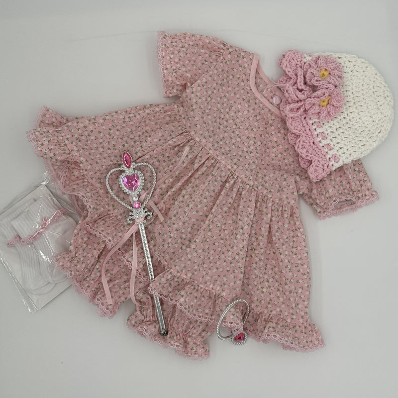 Pink ditsy floral Willow angel top and knickers set with crochet bonnet and princess accessories