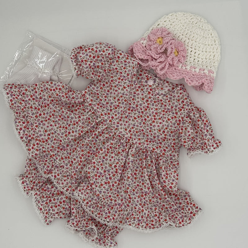 Pink Purple ditsy floral Willow angel top and knickers set with white lace trim and crochet bonnet