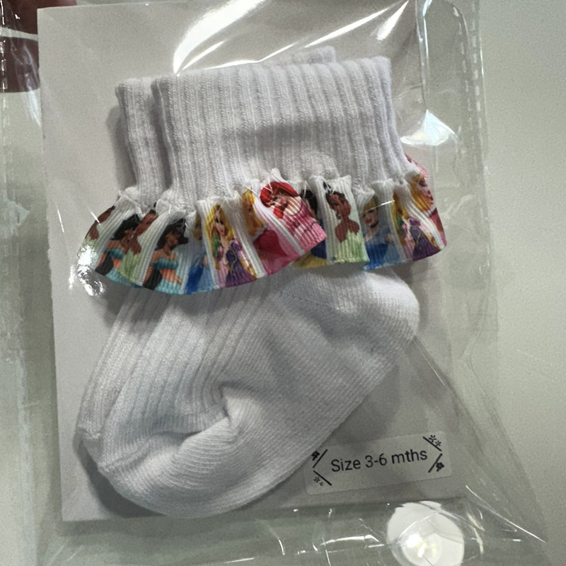 White baby cotton socks with Princess ribbon trim.