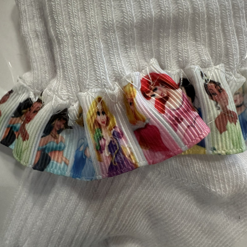 White baby cotton socks with Disney princess ribbon trim.