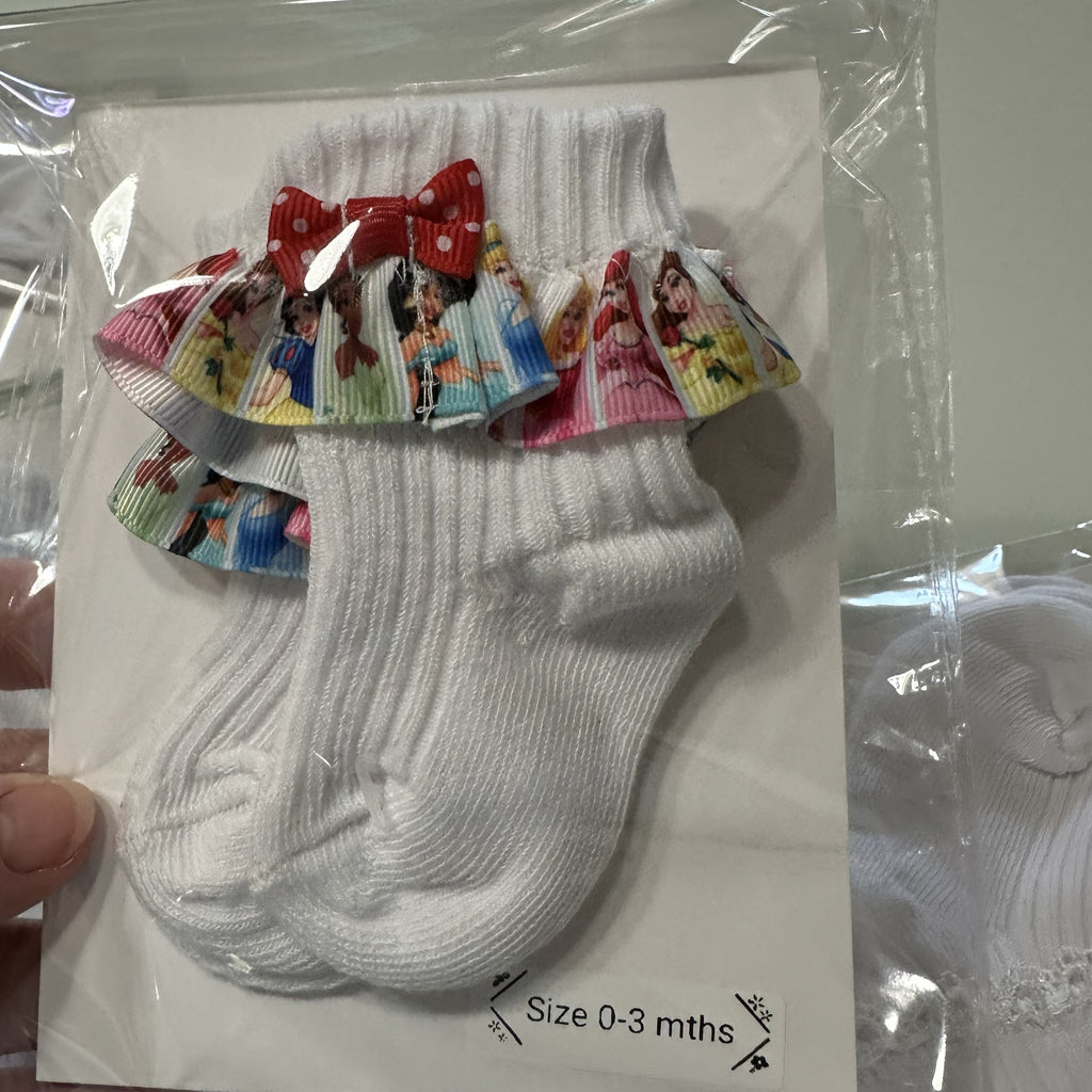 White baby cotton socks with Disney princess ribbon trim.