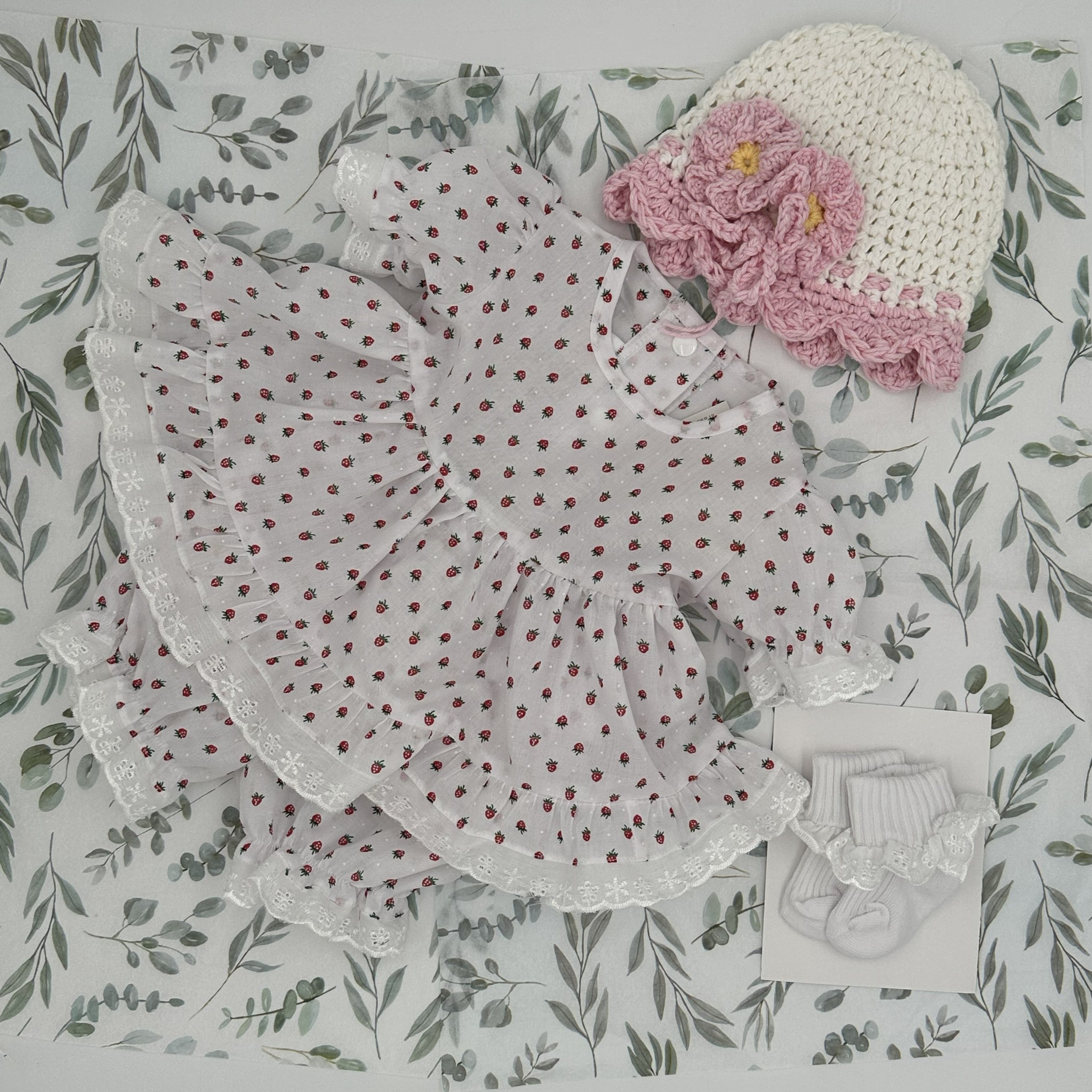 Strawberry print Willow angel top and knickers set with lace trim and pink-flowered bonnet