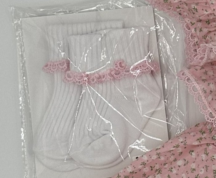 White baby cotton socks with pastel Pink lace trim.