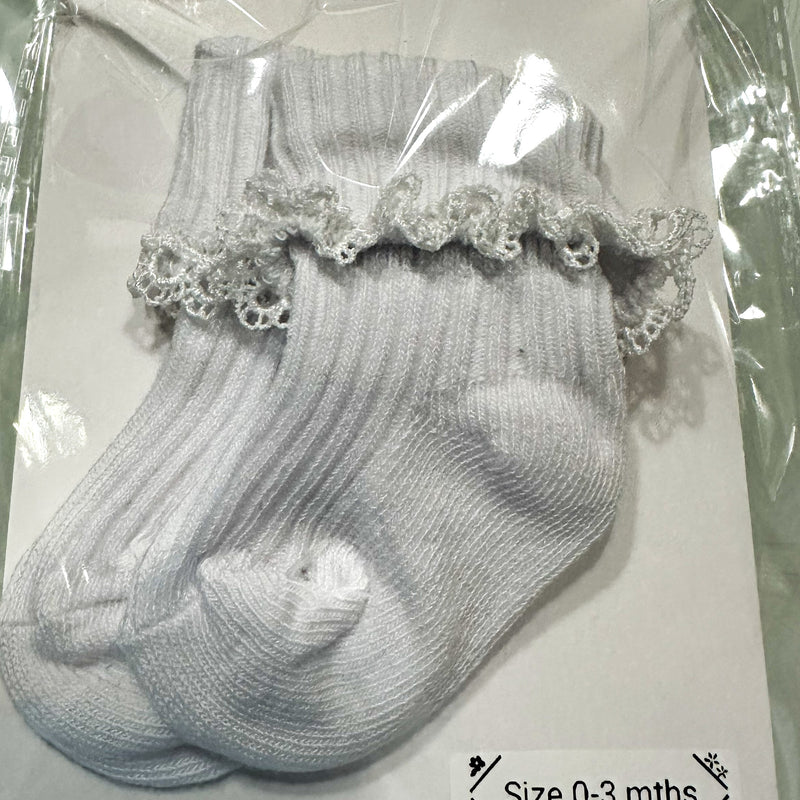 White baby cotton socks with white lace trim.