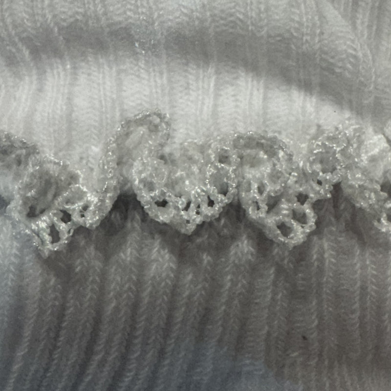 close up of White baby cotton socks with white lace trim.