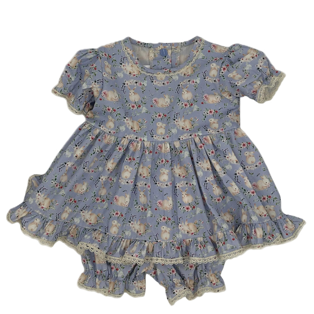 Blue dress with rabbit print and cream lace trim