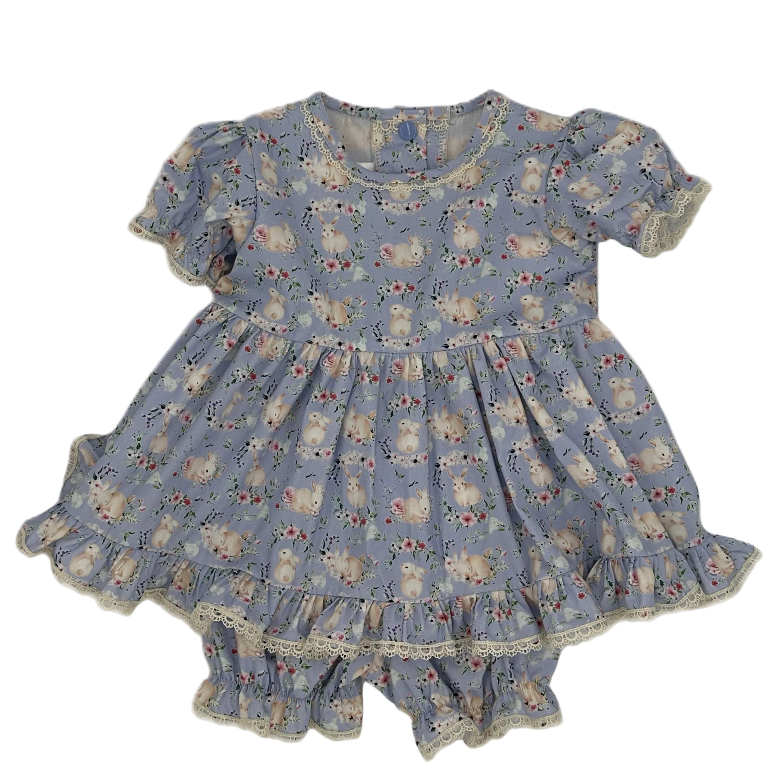 Blue dress with rabbit print and cream lace trim