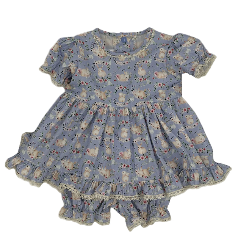 Blue dress with rabbit print and cream lace trim
