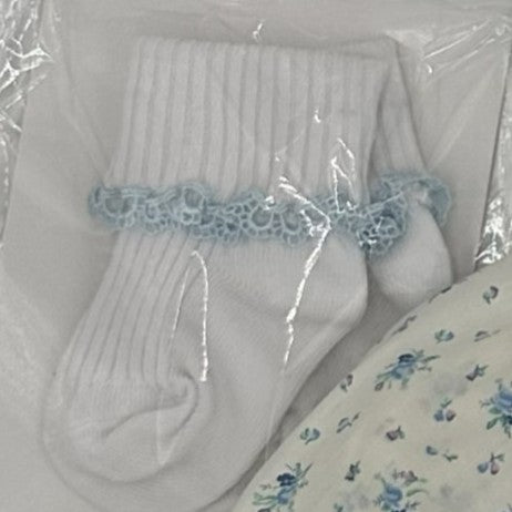 White baby cotton socks with pastel Blue lace trim.