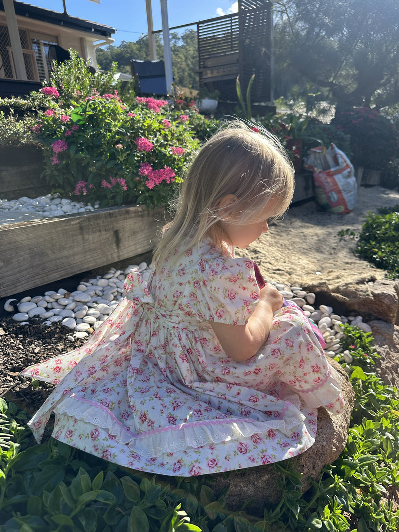 1950s Inspired Girls Dress in Pink Rose Print - Charlotte